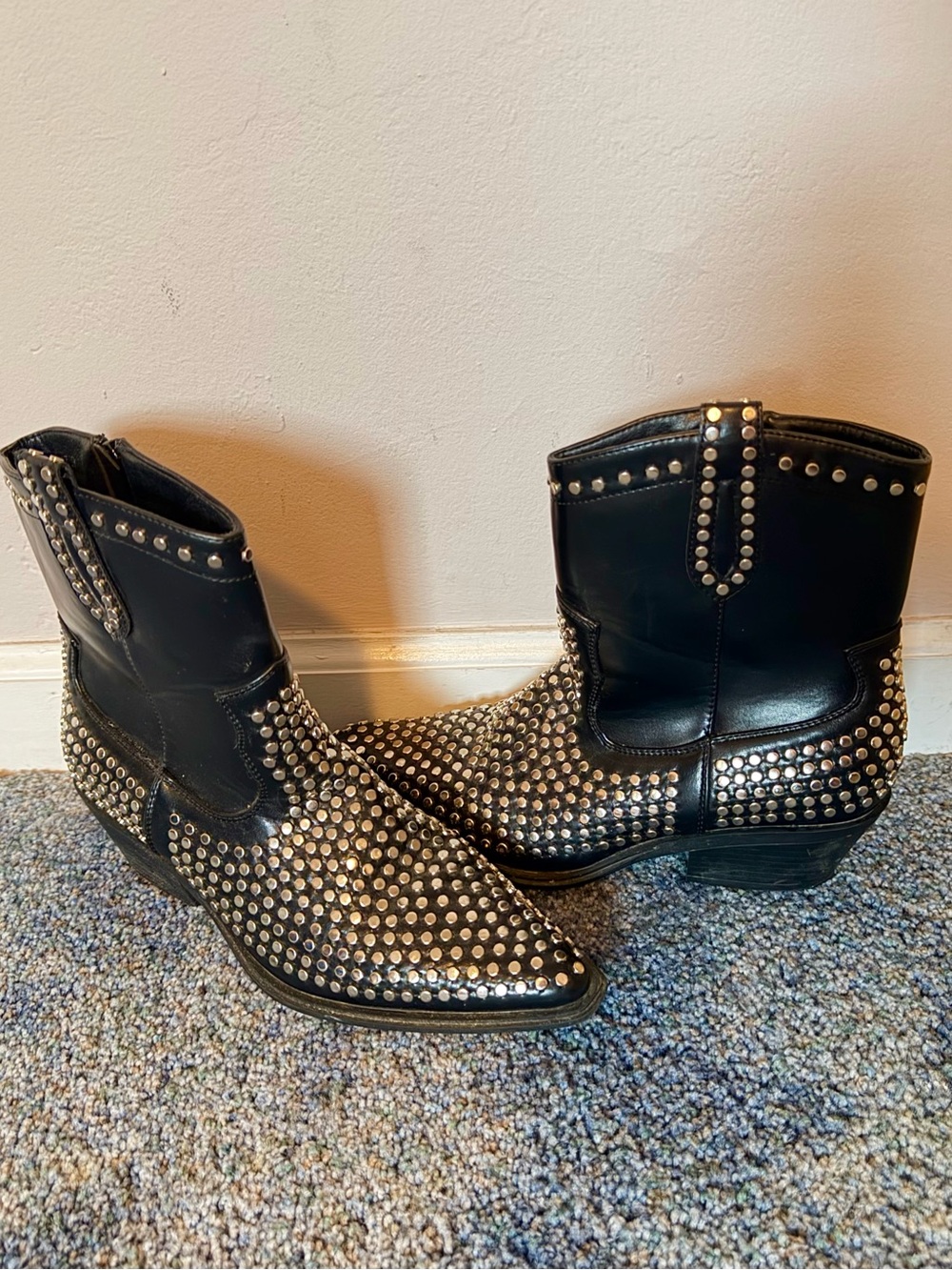 Studded Black Leather Short Cowboy Boots